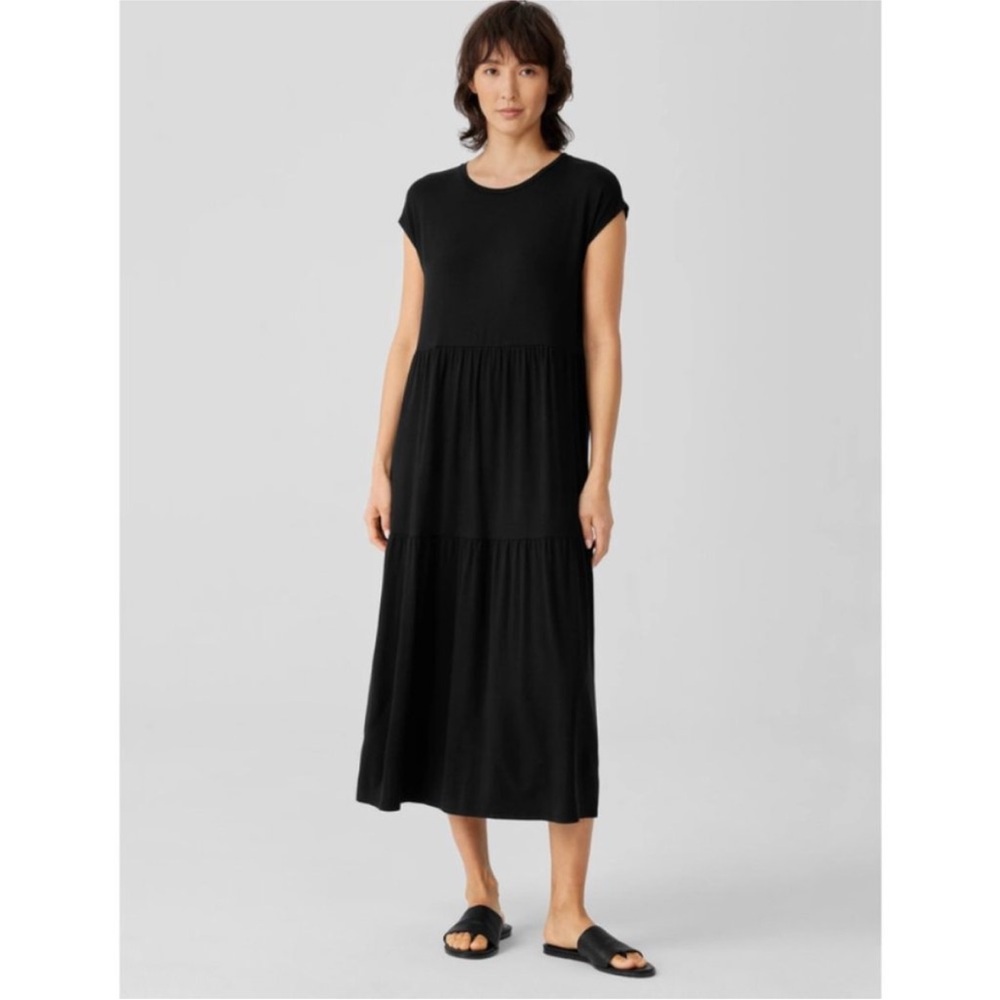 Eileen Fisher Minimalist Stretch Jersey Knit Tiered Dress midi pockets maxi L